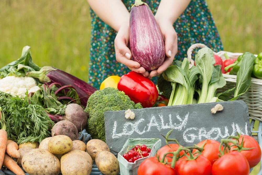 Female hands holding an aubergine above table of vegetables Female hands holding an aubergine above table of vegetables